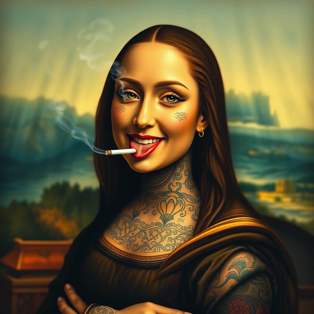 Tattooed Mona Lisa Sticks Out Tongue in Renaissance Portrait