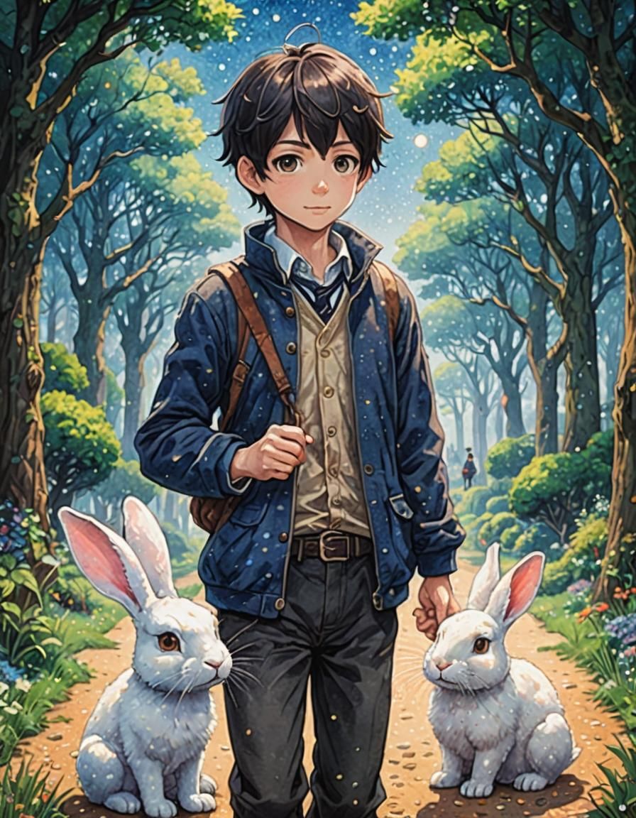 Pointillist Boy and Magical Rabbit in Anime Style