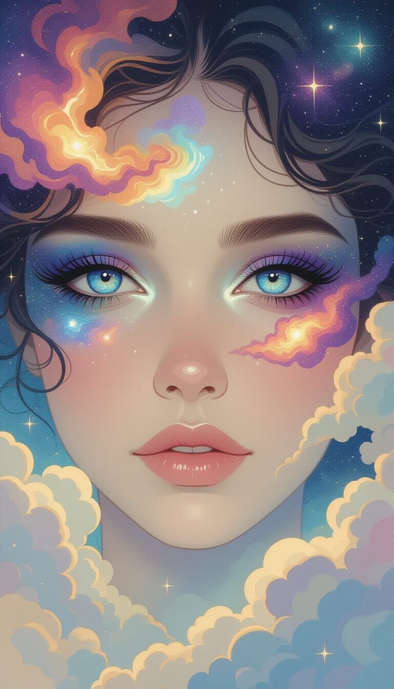 Celestial Portrait With Nebula Eyes and Star Clusters