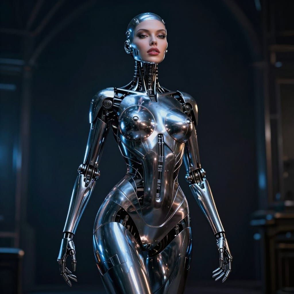 A sleek curvy female woman robot with a metal featureless face. The scene is dimly lit, focusing on the intricate detail...