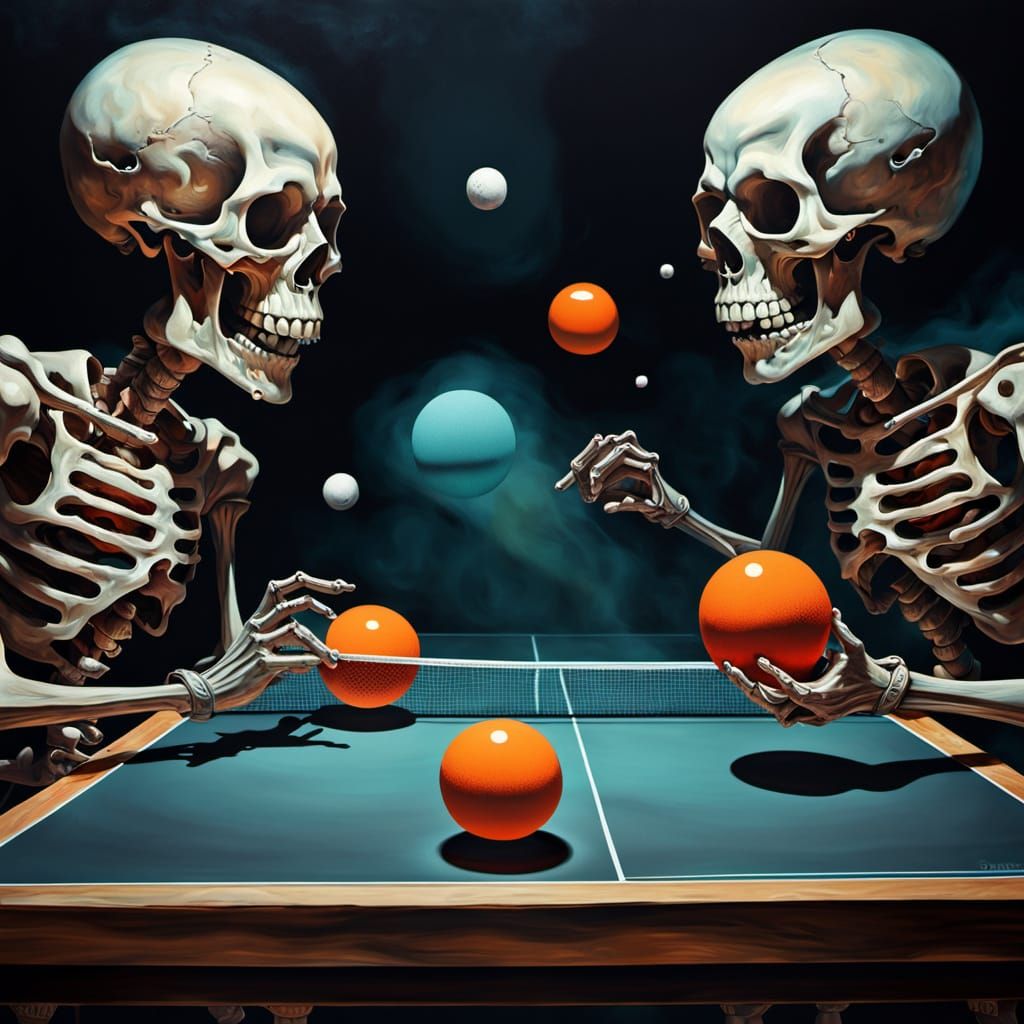 Surreal Skulls Play Ping Pong, Salvador Dali Style