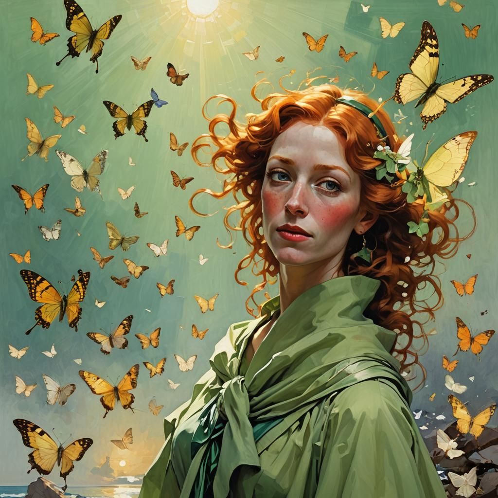 Ginger-Haired Fairy with Butterflies, Mystical Portrait