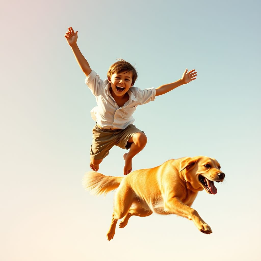 Joyful Boy Soars Through the Air with Loyal Dog in Cinematic...