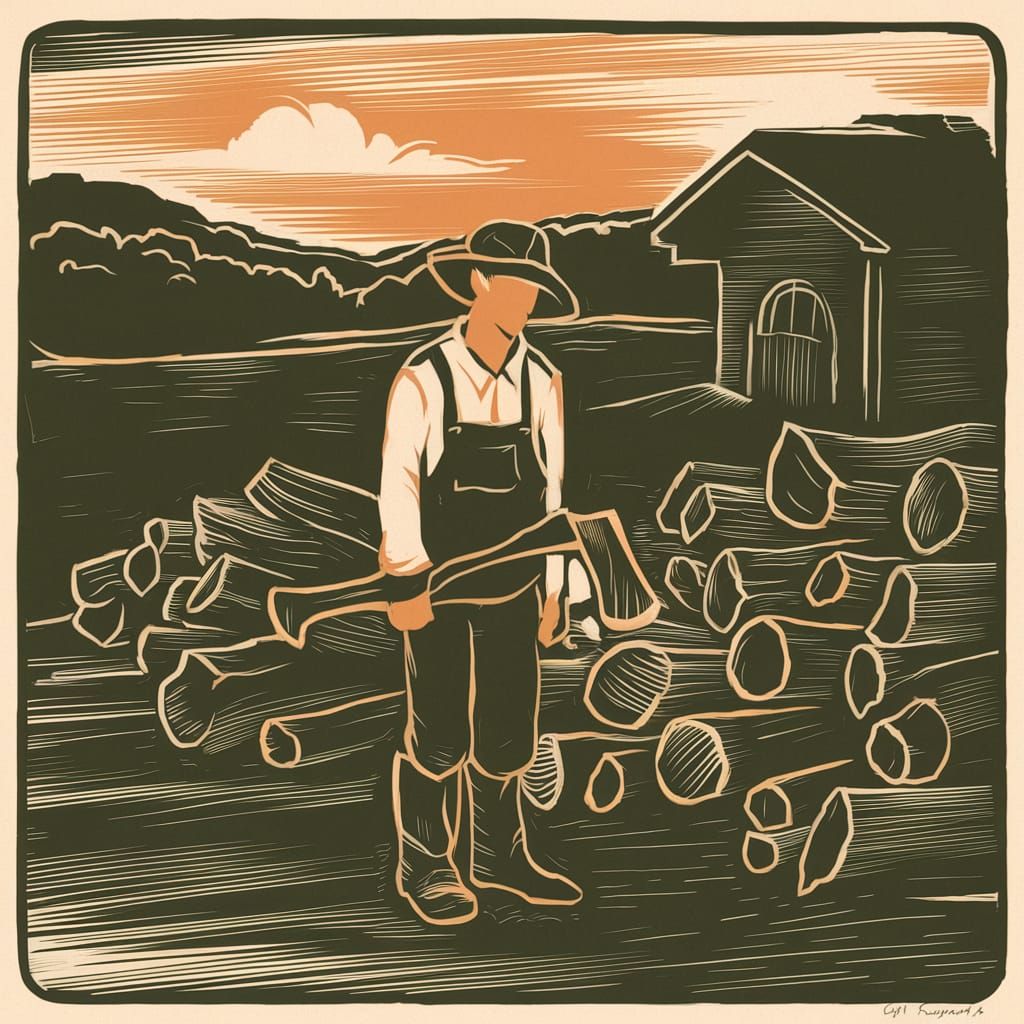 stylized farmer with an axe stands near piles of cut and spl...