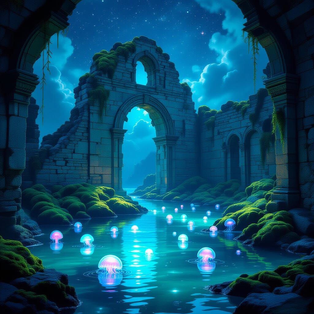 Bioluminescent Ruin in Starlit Lagoon