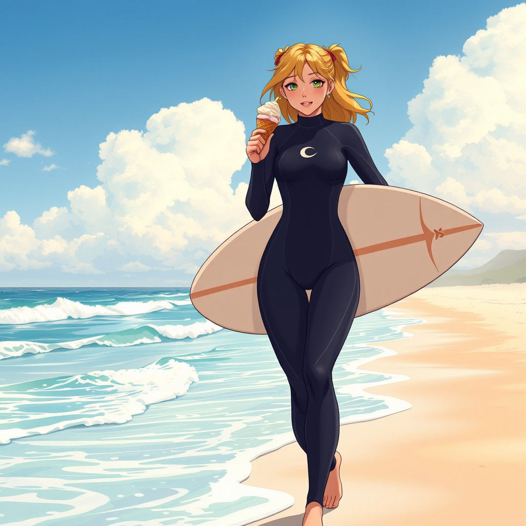 Anime Style Surfer Girl on Beach with Ice Cream