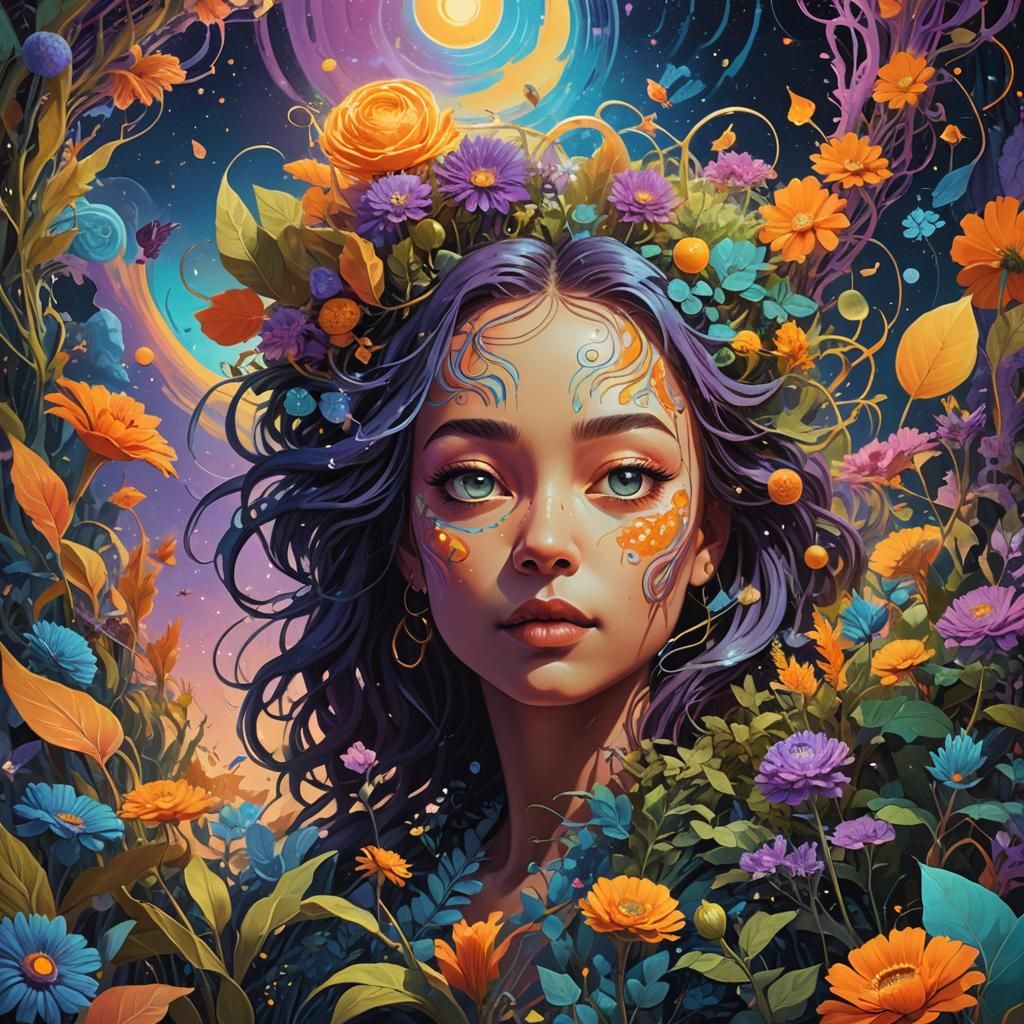 Psychedelic Goddess in Bioluminescent Garden