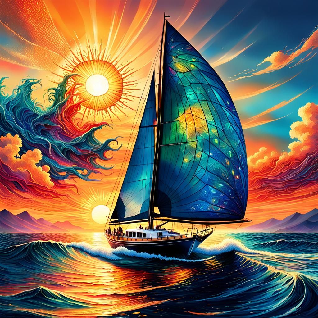 Sailboat at Sunset in Cosmic Surrealism Style