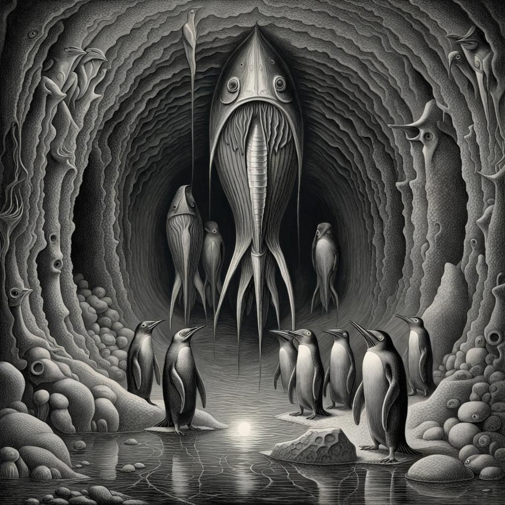Horrific Penguin Miners in Antarctic: Doré, Giger, Bosch