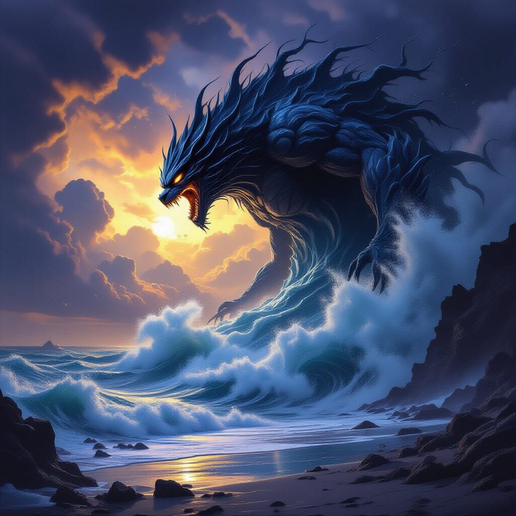 Enraged Tsunami Devastates Stormy Coast in Dark Fantasy Styl...