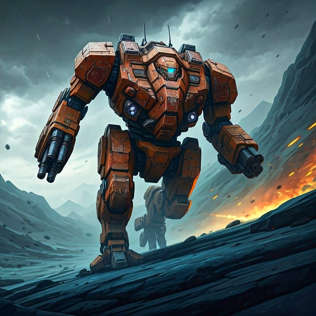 Battletech Mech Sprinting Through Dystopian Landscape