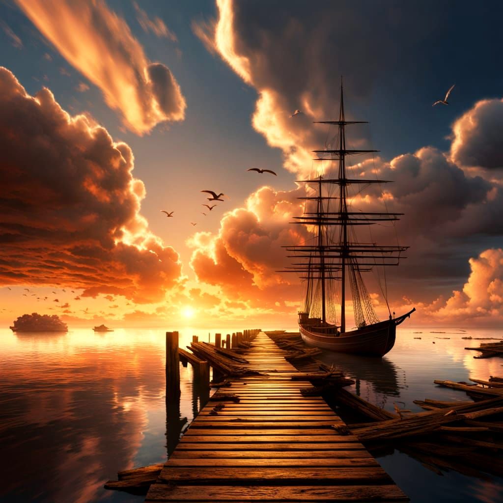 Woman on Jetty at Sundown, Melancholic Sea View