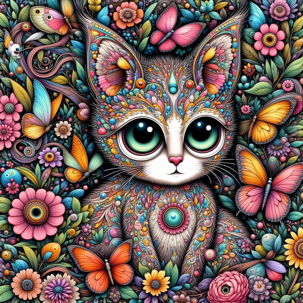 Kaleidoscope-Eyed Cat in Postmodern Collage Style