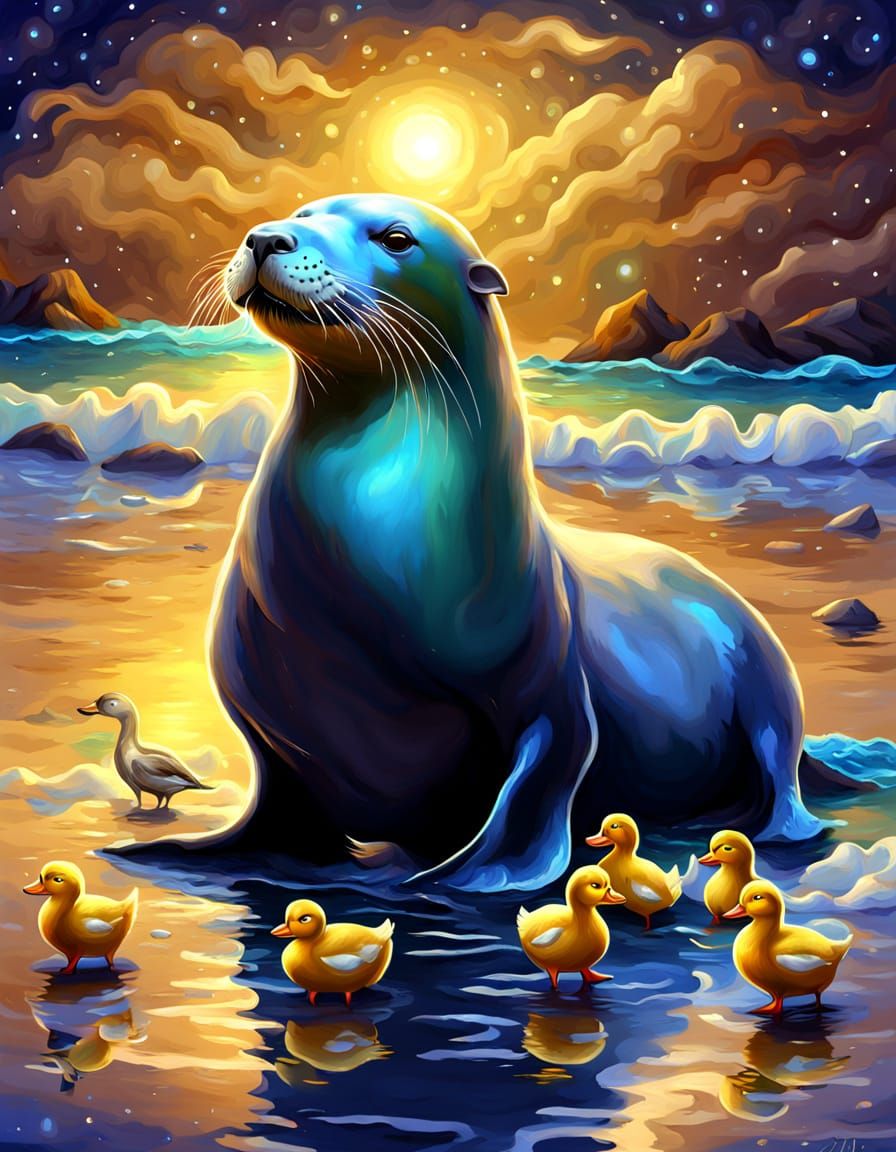 Sea Lion and Duck Beach Holiday in Digital Painting