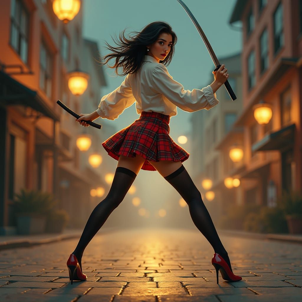 Woman with Katana in Street Lamp Light