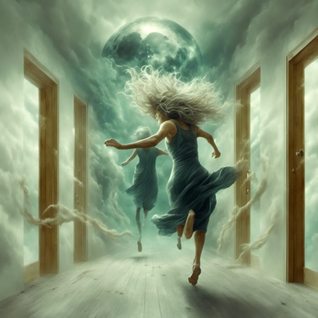 Surreal Image of Woman Fleeing in Fluorescent Light