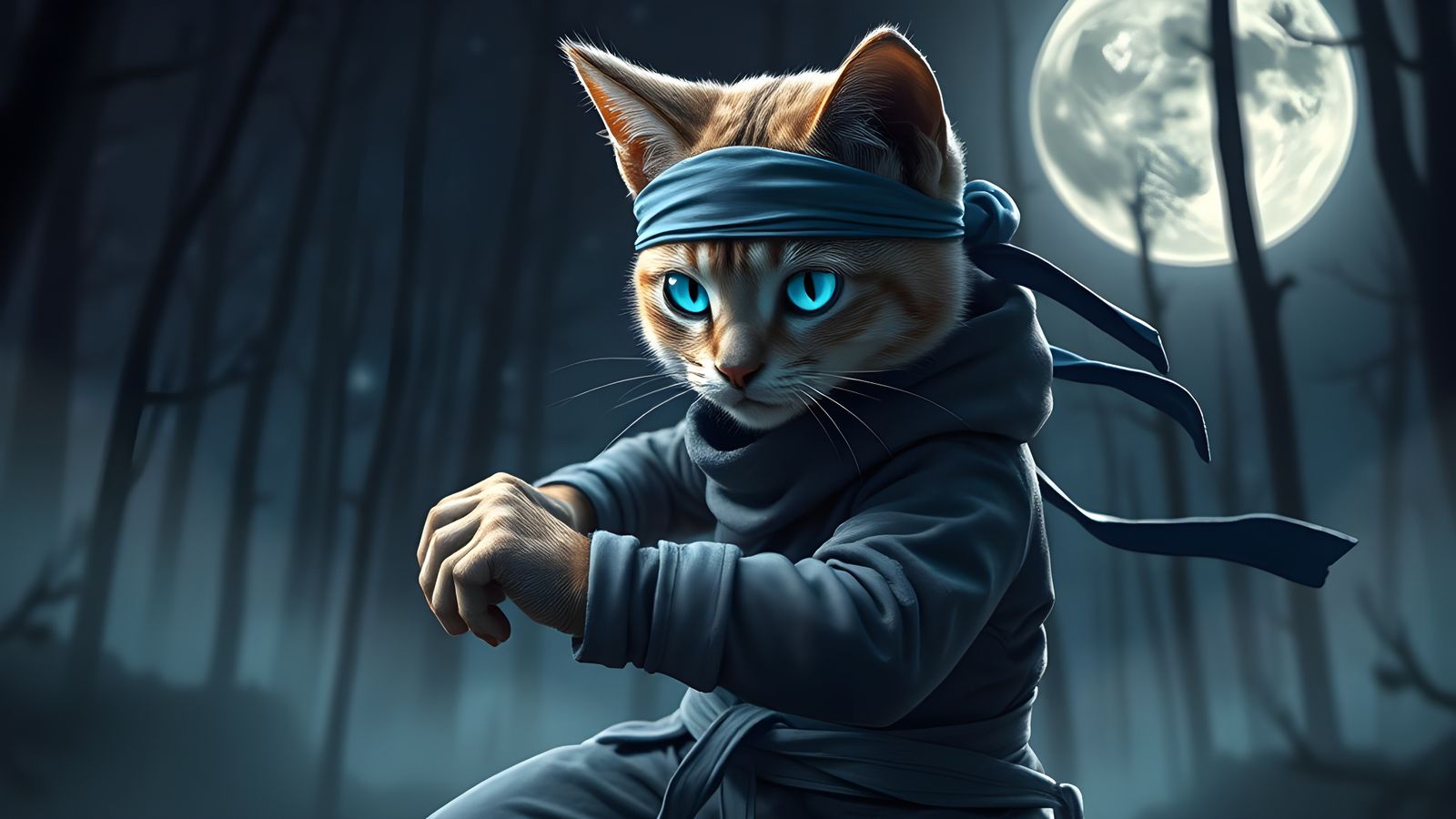 Anthropomorphic Cat Ninja in Moonlit Forest