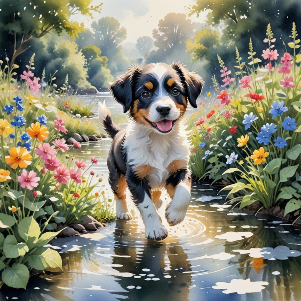 Puppy in Sunlit River Garden: Stylized Watercolor