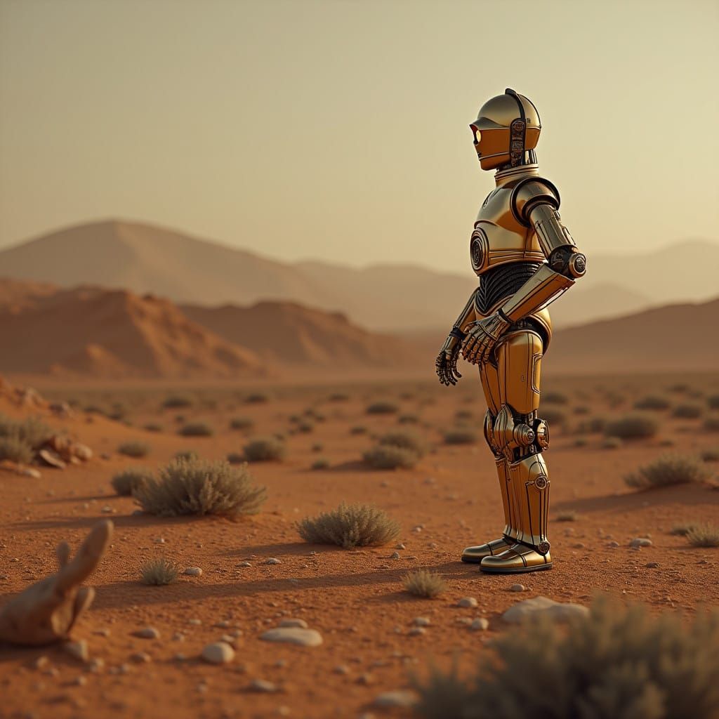 Golden Android in Alien Desert Landscape