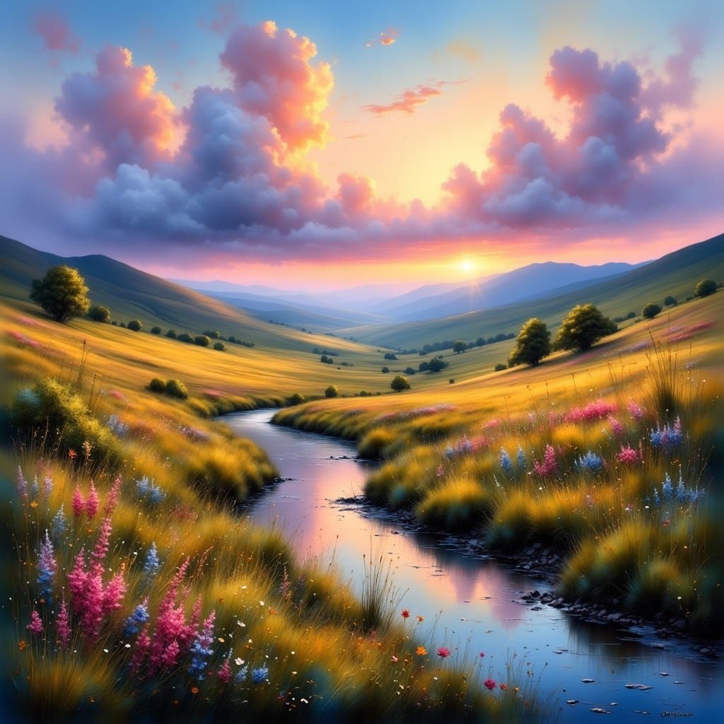 Peaceful Dawn Valley in Vibrant Oil Painting Style