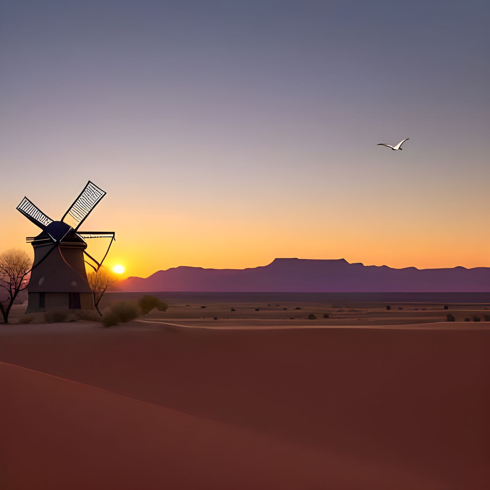 Southwestern Sunset Landscape with Dutch Windmill