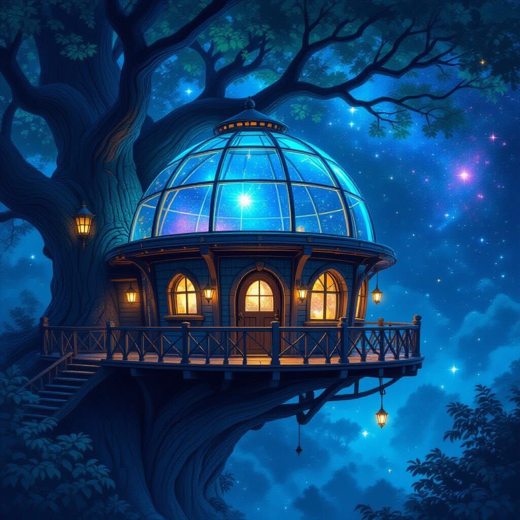 Magical Treehouse Observatory in Glowing Forest