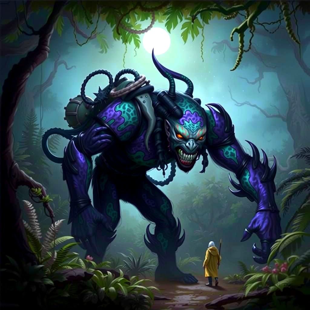 Surreal Jungle Explorer in Shadowy Ambiance