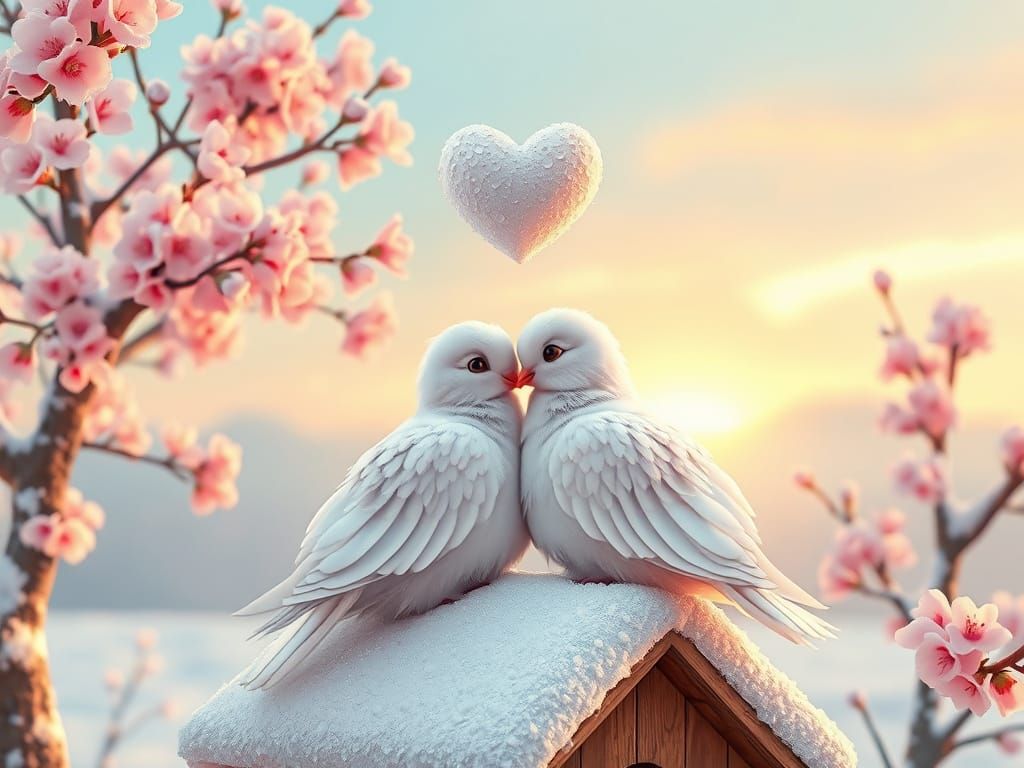 Surreal Hyper-Fluffy Dove Couple in Snowy Whimsical Wonderla...