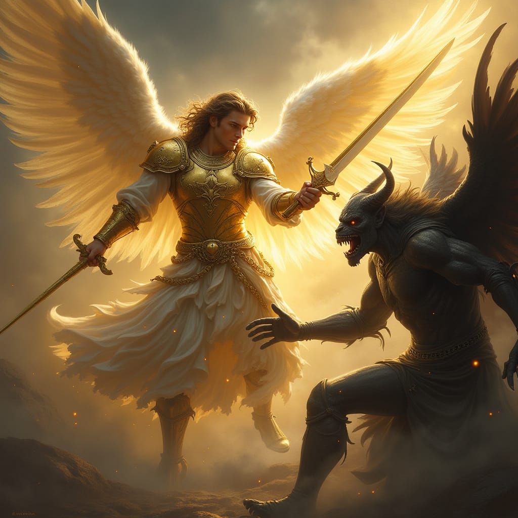 Archangel Gabriel Battles Demon in Dramatic Fantasy Art