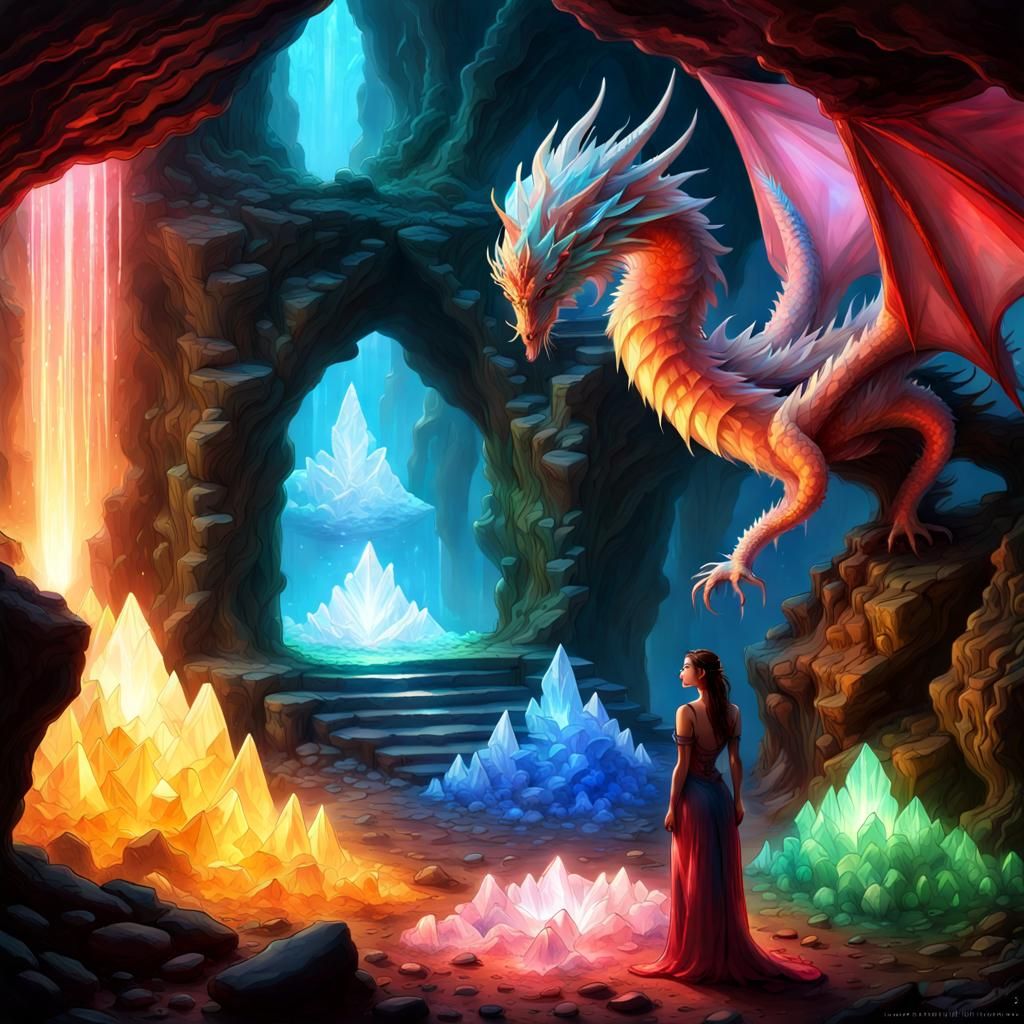 Luminescent Crystal Cave with Dragon, by Royo and Marshennik...