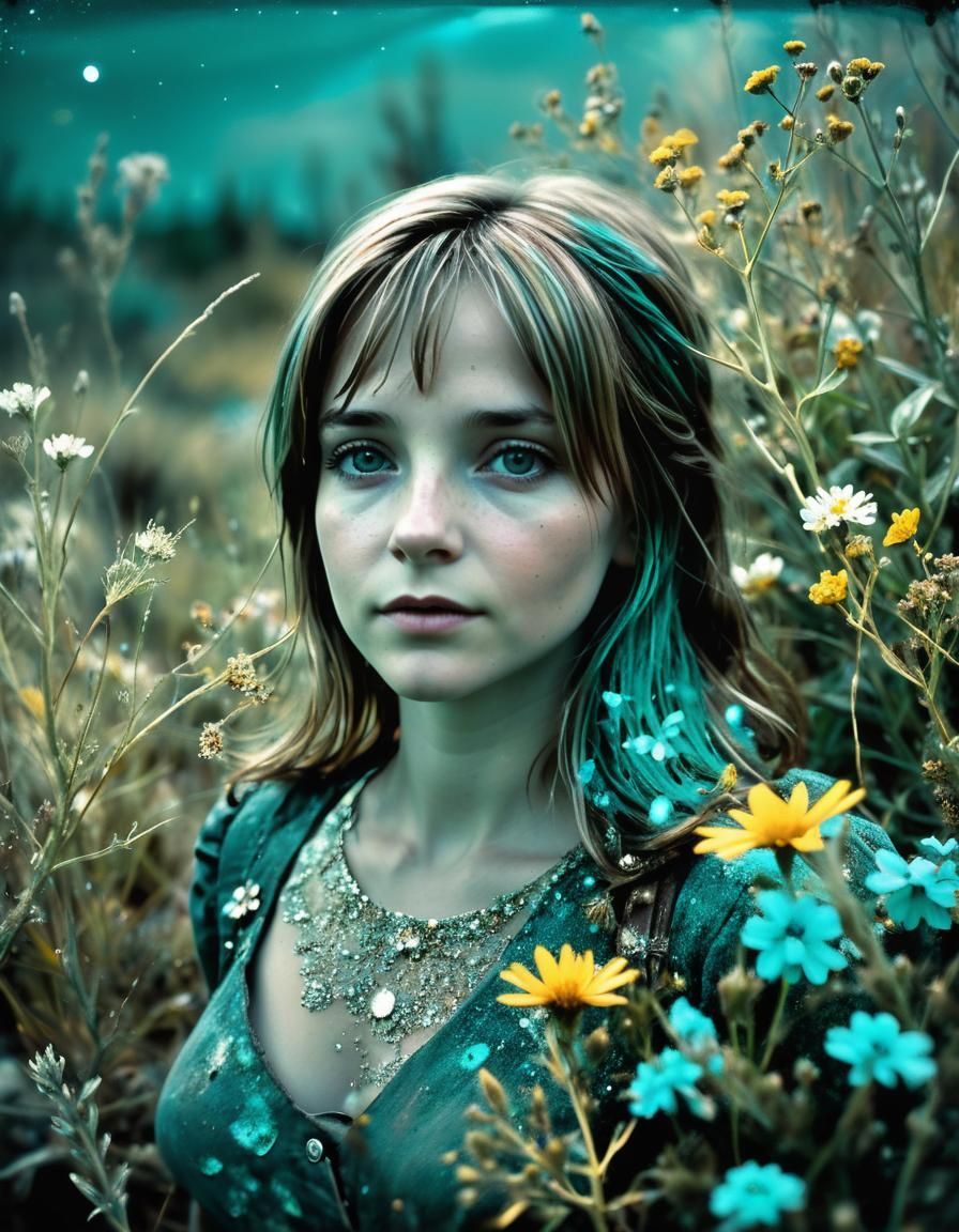 Confident Woman Amidst Dead Flowers, Split-Toning Digital Ar...