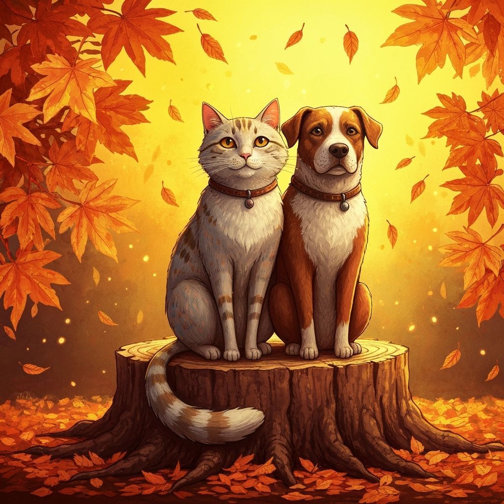 Cat and Dog Friends in Whimsical Autumn Forest