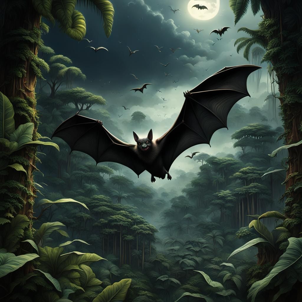 Dramatic Close-Up of Bat in Jungle Flight