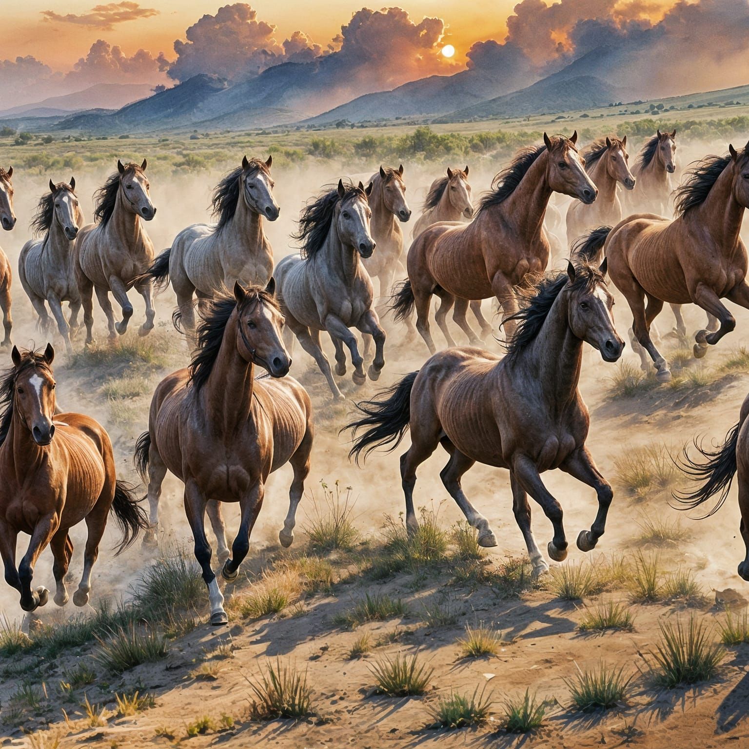 Wild Horses Gallop at Sunset: Watercolor Art