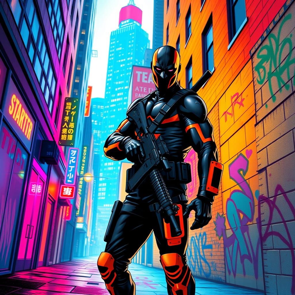 Cyberpunk Deathstroke in Neon Manhattan Alleyway