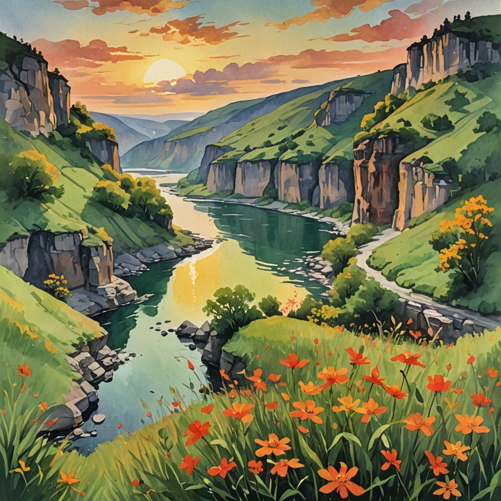 Glimmering Landscape in Impressionist Gouache Style