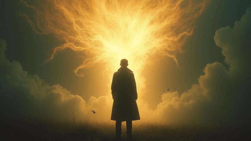 Ethereal Figure Illuminates Silhouetted Man in Abstract Drea...