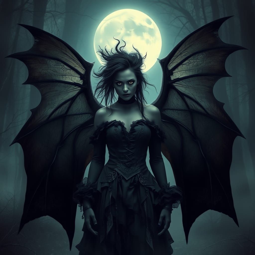 a dark female with large bat wings and bat features, spooky forest, detailed