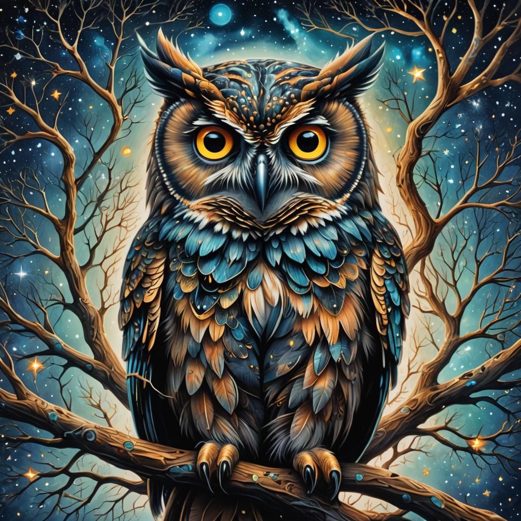 Pop Surrealist Owl in Starry Night Sky