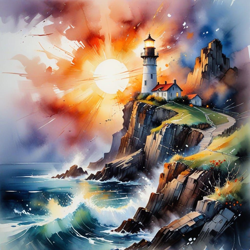 Lighthouse at Sunrise in Watercolor Style