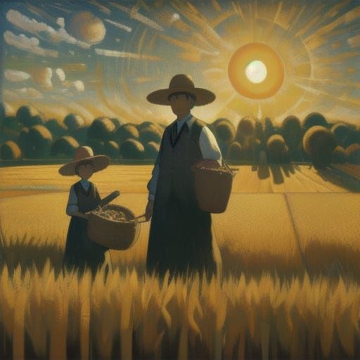 Farm Life in Sunny Golden Hour Oil Painting