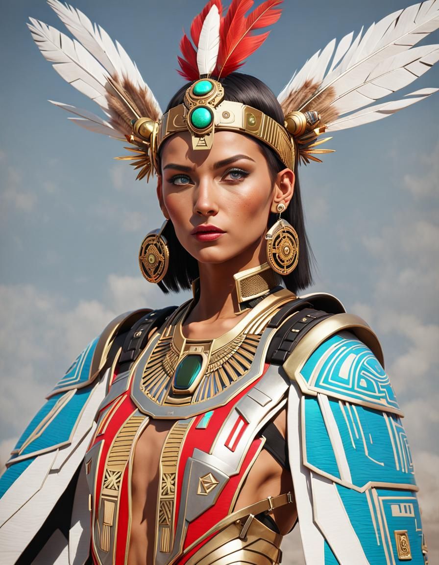 Aztec Warrior Woman in Cyberpunk Power Armor