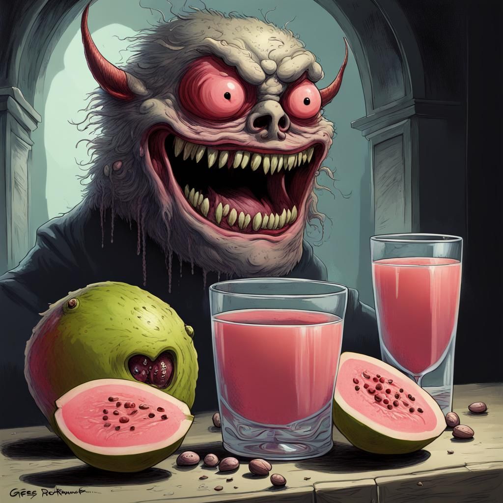 Undead Cartoon Guava Monster in Sinister Style