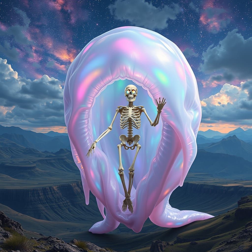 Giant Iridescent Slime Puppet in Surreal Landscape