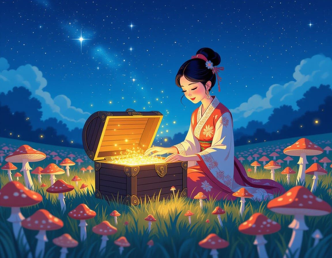 Enchanted Discovery Under Dreamlike Sky: Digital Art