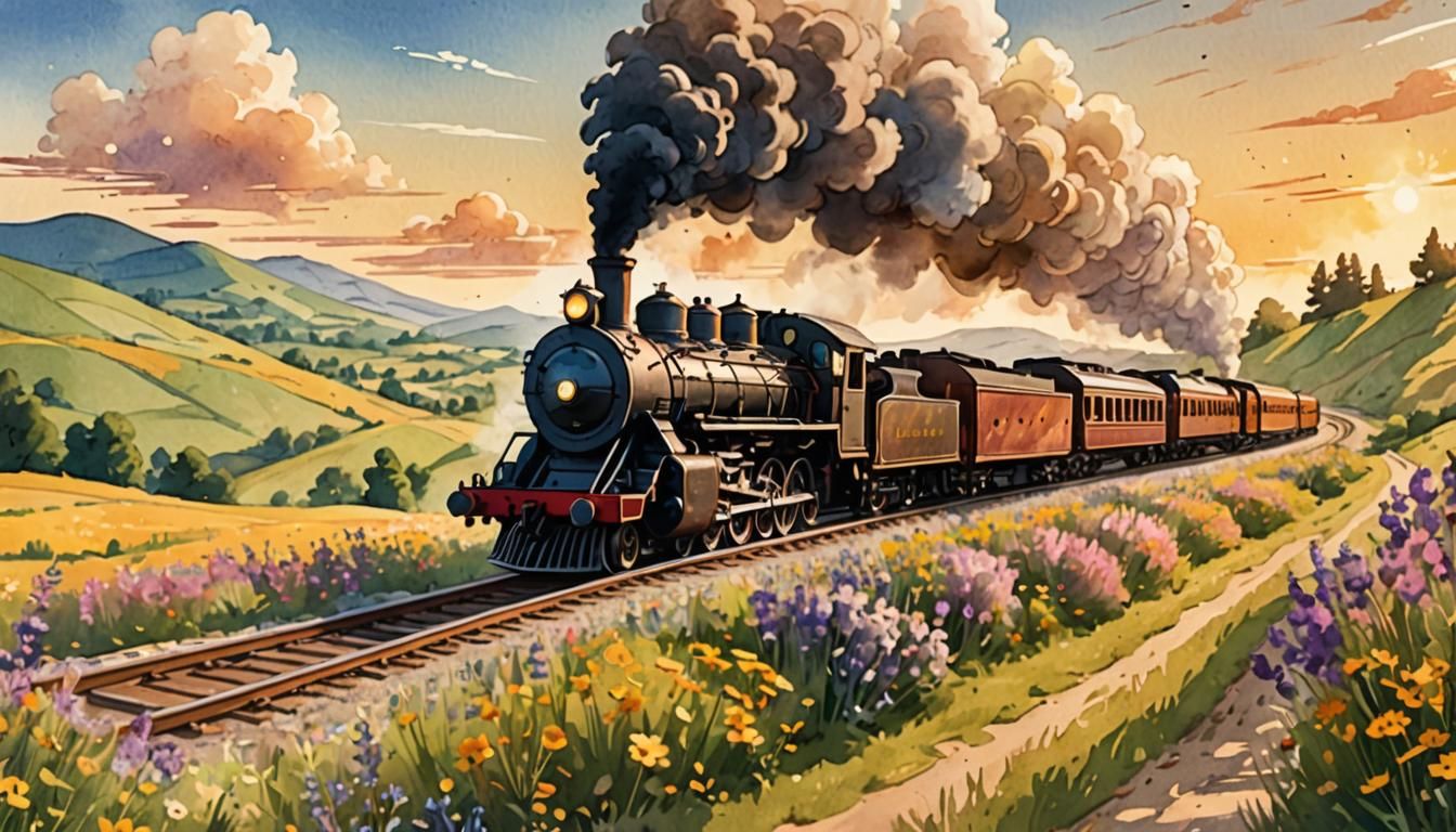 Whimsical Cartoon Steam Train in Watercolor Style