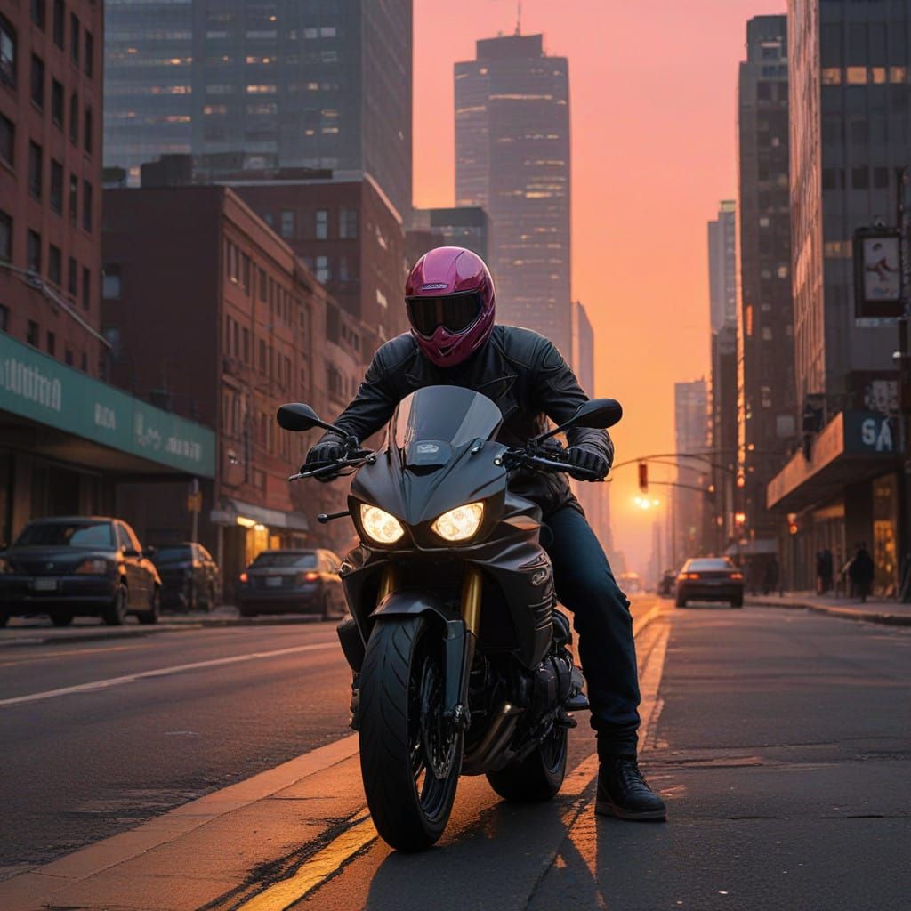 Gritty Biker Leans Against Sleek Ninja Motorcycle at Sunset