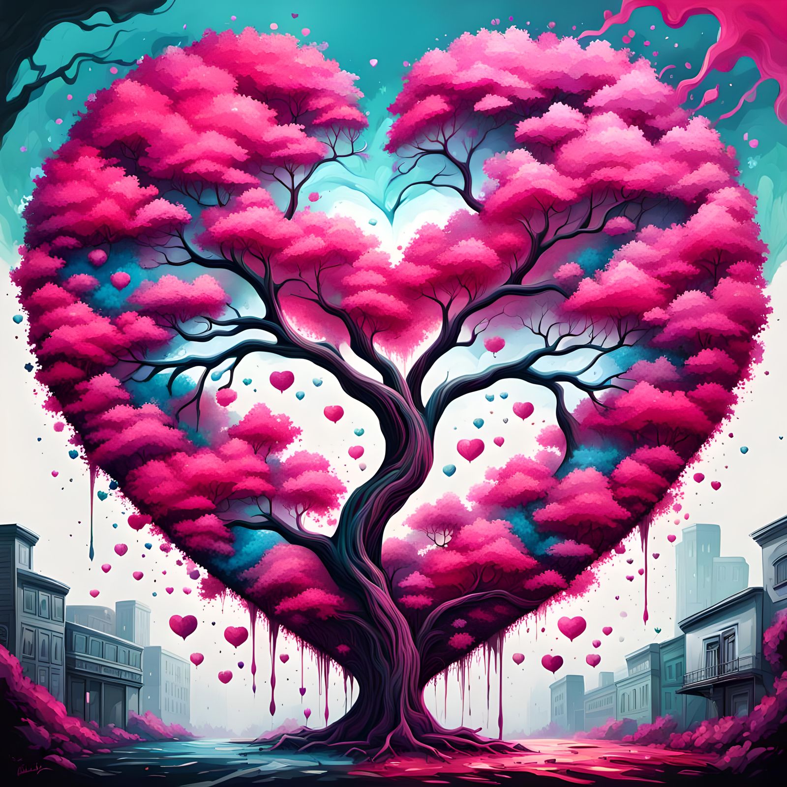 Heart-Shaped Tree Graffiti Art Symbolizing Cosmic Love