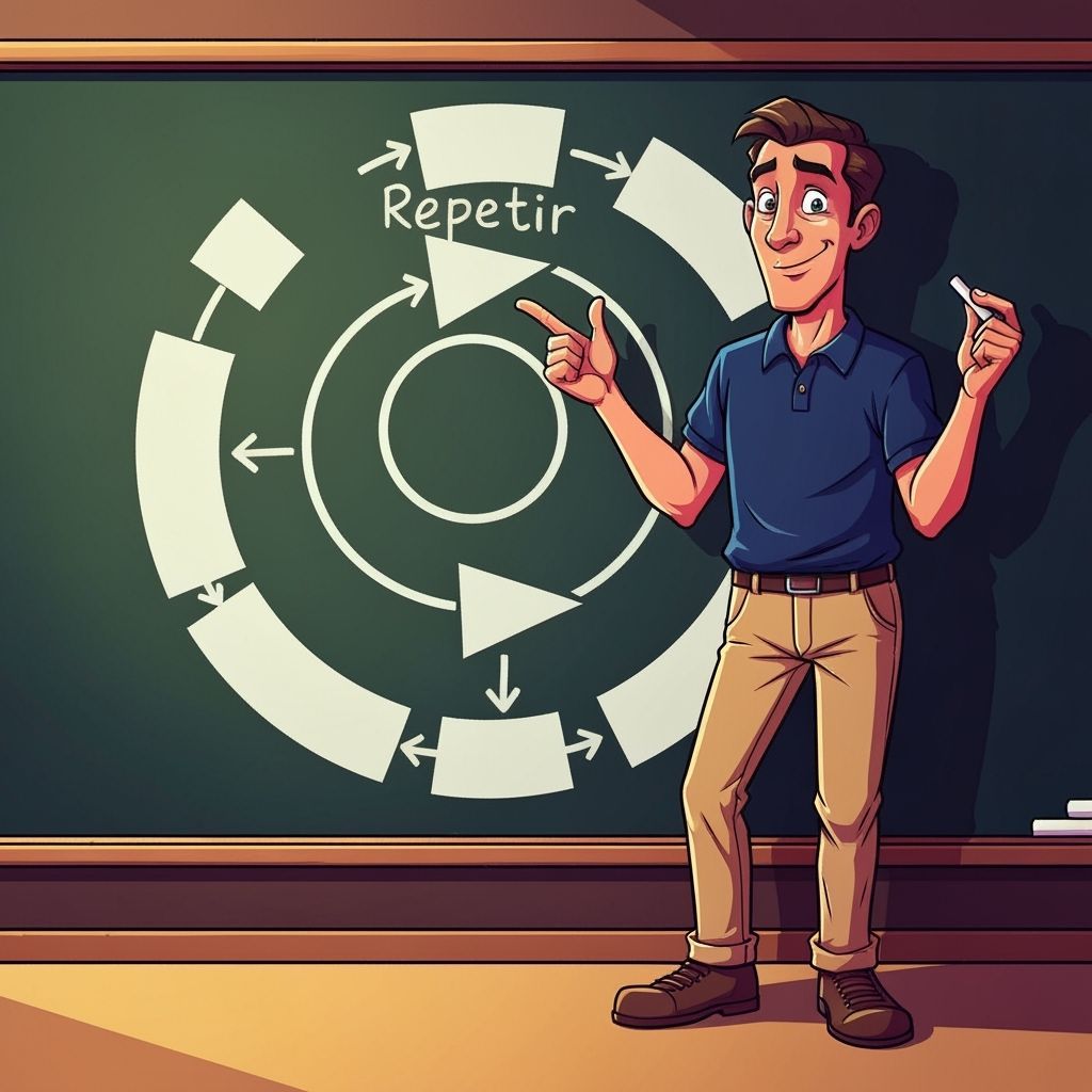 Man Explains Circular Flowchart in Cartoon Style