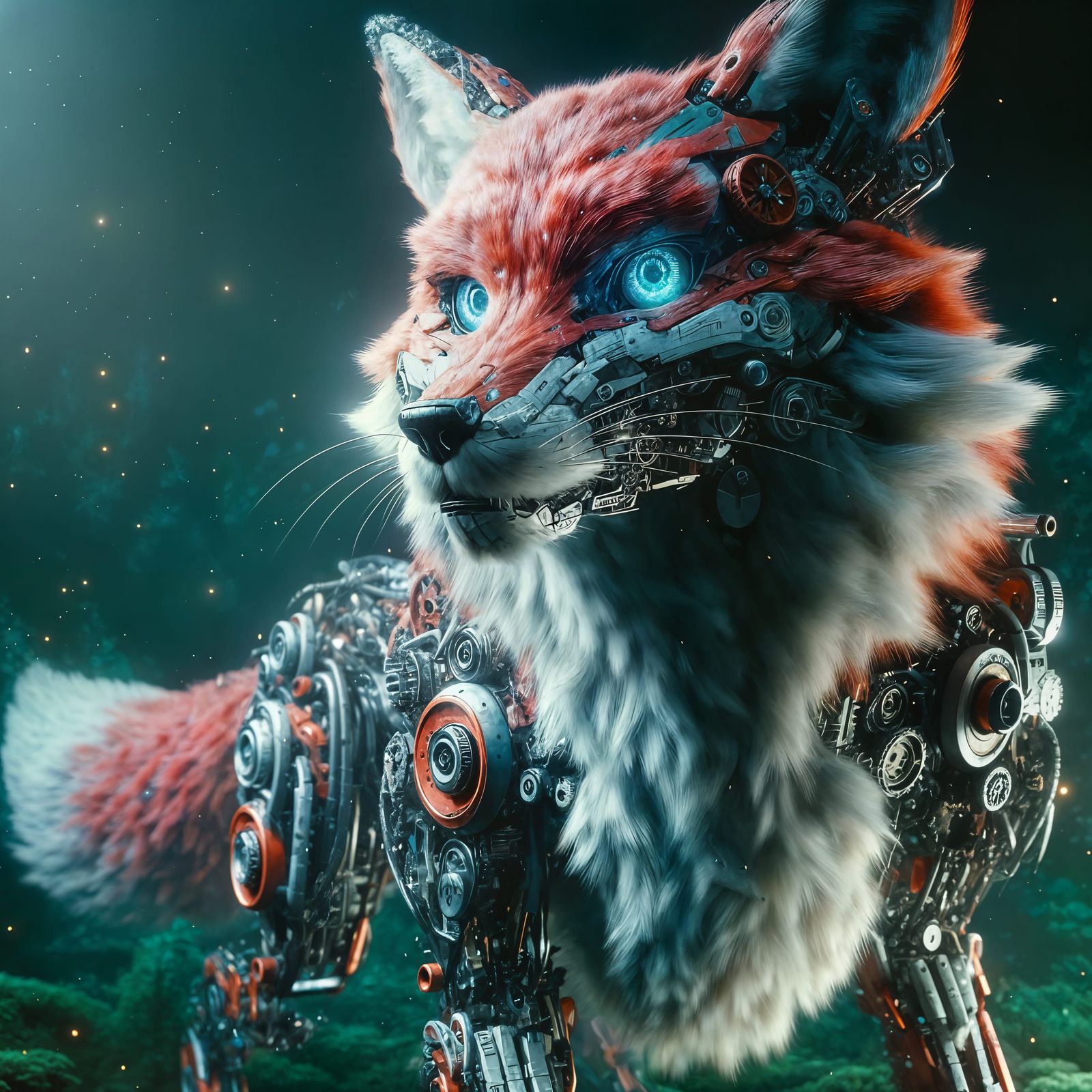 Red Fox Mecha in Deep Green Forest